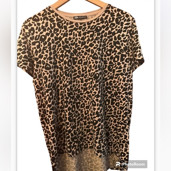 Zara Leopard Print Boxy Fit Short Sleeve Sz M Tee, Black Brown Beige - Picture 3 of 8